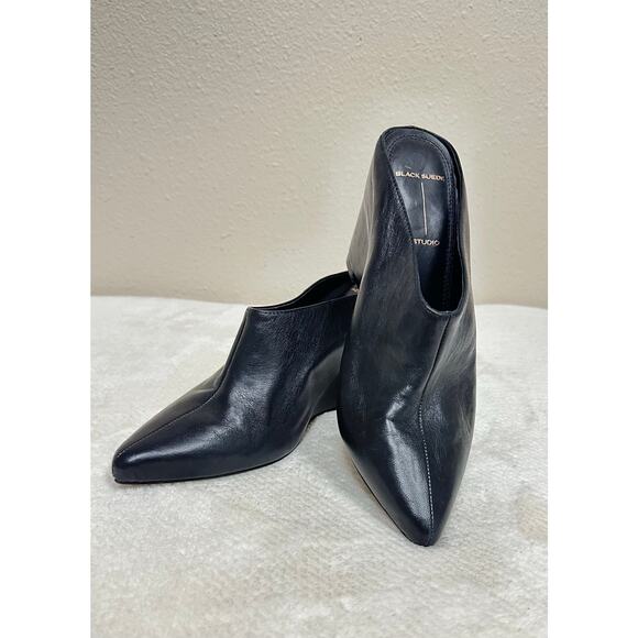Black Suede Studio Pointed Toe Mule Heels – Leather Slip-On Pumps - Picture 3 of 8